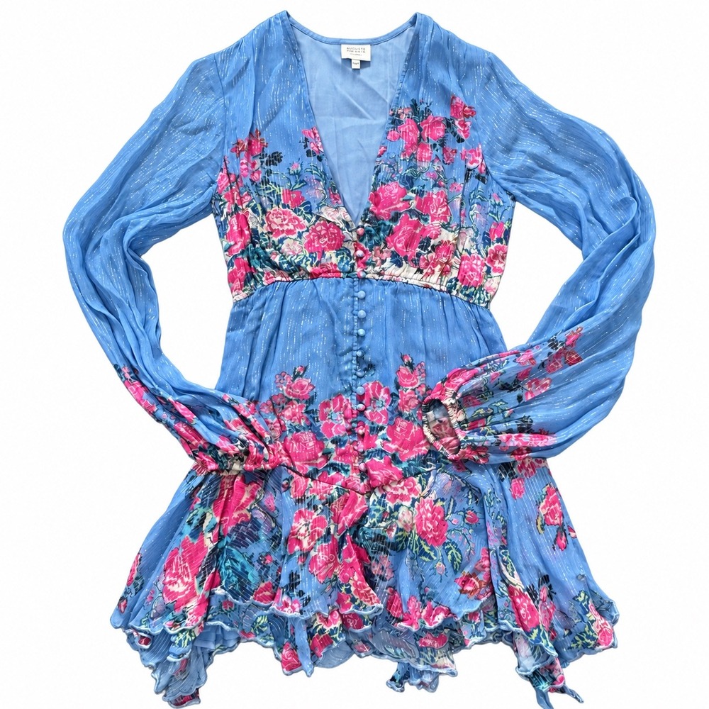 Hemant &Nandita Milia Mini Dress M Blue Pink Floral Metallic Lurex Romantic Boho